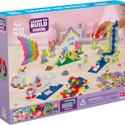 Plus-Plus - Learn to Build Super Set - Pastel Mix, 1,200 Pieces w/ 4 Baseplates - Construction Building Stem/Steam Toy, Interlocking Mini Puzzle Blocks for Kids