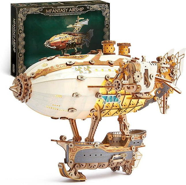 LED 3D Wood Puzzle Fantasy Airship Model - Steampunk DIY Craft Kit with LED Lights – Intricate Wooden Airship Model Building Set for Teens and Adults(White)