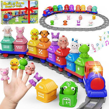 Train Set Toddler Learning Toys for 1 2 3 4 Year Old Boy Girl - Montessori Electric Train Set with Counting Matching & Sorting Activity with Farm Animals, Finger Puppets, Christmas Birthday Gift 2-4