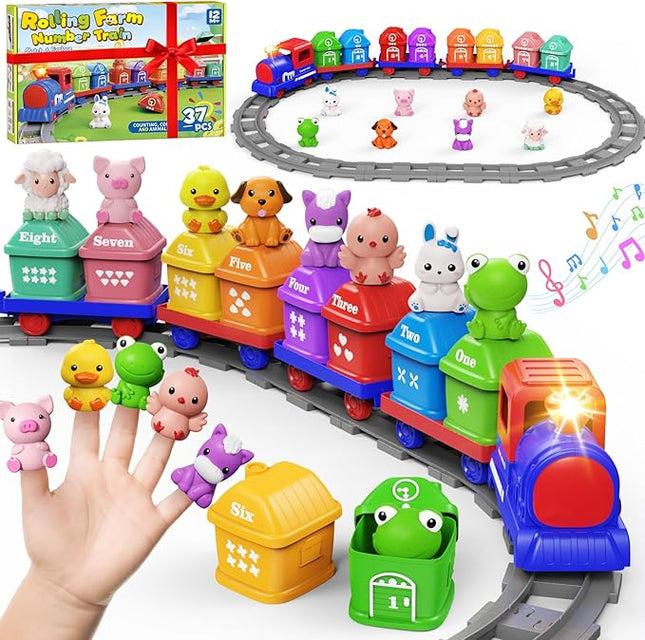 Train Set Toddler Learning Toys for 1 2 3 4 Year Old Boy Girl - Montessori Electric Train Set with Counting Matching & Sorting Activity with Farm Animals, Finger Puppets, Christmas Birthday Gift 2-4