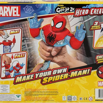 Heroes of Goo Jit Zu Marvel Hero Creator Spider-Man with 3 Unique Goo Fillings, Mix, Fill & Create Your Own Stretchy Spider-Man Hero of Goo JIT Zu Action Figure, Mix, Fill & Create Again and Again.