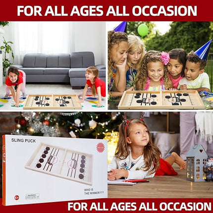 Foldable Fast Sling Puck Game with Chess Board and Checkers Board, Tic Tac Toe. Wooden Air Hockey Family Night,Table Games Gifts for Adults and Kids