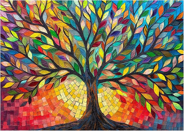 Stained Glass Tree of Life Puzzles for Adults 1000 Pieces, Impossible Challenging Hard Jigsaw Puzzles, Colorful Mosaic Tree of Life Puzzle as Plant Decor