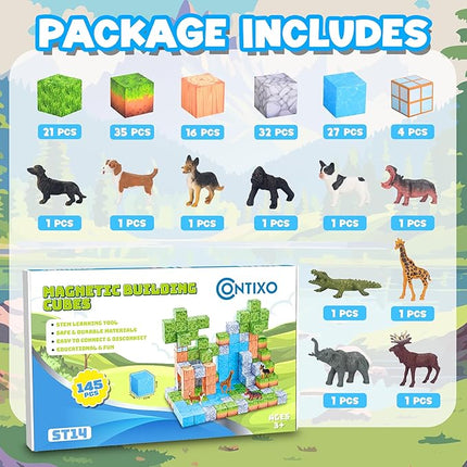 Contixo Magnetic Blocks - 145 PCS Magnet Cubes Building Tiles for Kids Ages 3-12, STEM Learning Toys with Vibrant Colors, Educational Toddler Toys for Creative Play, Birthday Gifts for Boys and Girls