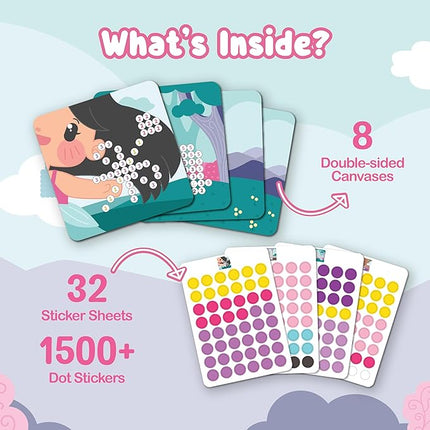 BINCA Dotties Dot Art Activity Kit, 1500+ Stickers, 8 Unicorns & Princesses Mess-Free Activities, DIY Dot Sticker Art for Toddlers, Kids Travel Activities, Craft Kits & Gifts for Girls Ages 4,5,6,7