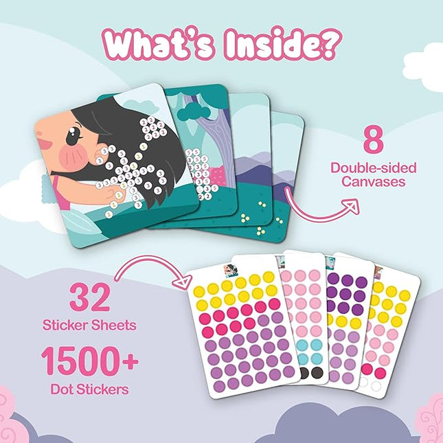 BINCA Dotties Dot Art Activity Kit, 1500+ Stickers, 8 Unicorns & Princesses Mess-Free Activities, DIY Dot Sticker Art for Toddlers, Kids Travel Activities, Craft Kits & Gifts for Girls Ages 4,5,6,7