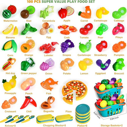 100 Pcs Play Food Set for Kids Kitchen, Pretend Food Toy for Toddlers Age 1-3, Plastics Cutting Fake Food/ Fruit/ Vegetable Accessories with 2 Baskets, Birthday Gifts for 2 3 4 5 Years Old Boys Girls