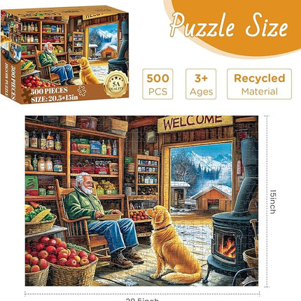 500 Pieces Puzzle for Adults, Country Shop Puzzle for Adults Children, Elder Man and Golden Dog Jigsaw Puzzle 500 Pieces, Fun and Challenging Family Game Great Gift Idea 20.5 * 15 in