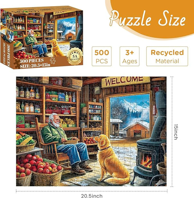 500 Pieces Puzzle for Adults, Country Shop Puzzle for Adults Children, Elder Man and Golden Dog Jigsaw Puzzle 500 Pieces, Fun and Challenging Family Game Great Gift Idea 20.5 * 15 in