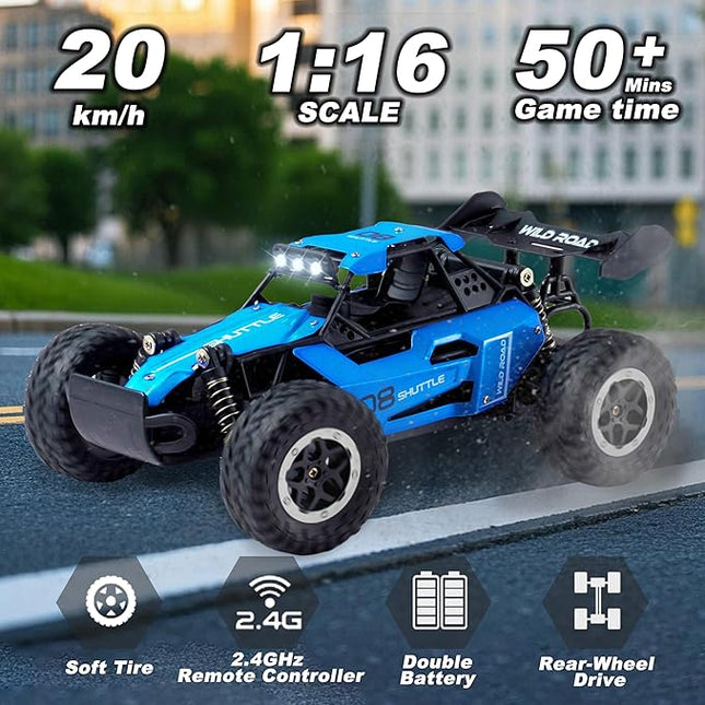 Remote Control Car RC Cars 1:16 All Terrain Monster Truck LED Headlights, Outdoor 2WD Off Road Hobby RC 2.4GHz High Speed, 20Km/h RC Car Toys Gift for Kids Boys 3 4 5-12 (Blue)