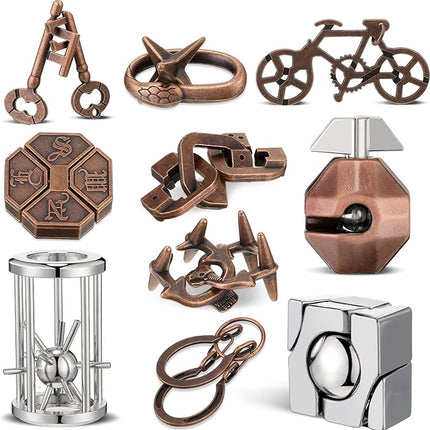 Syhood 10 Pieces Metal Brain Teaser Puzzles for Adults 3D Steel Puzzle Difficult Magic Mind Challenge Unlock Interlocking Games Iq Smart Logic Test Toys Basket Filler Stuffers(Classic)