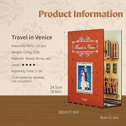 Tonecheer DIY Book Nook Kit for Adults, 3D Wooden Puzzle Bookend Bookshelf Insert Library Decor, Booknook Miniature House Kit with Body Motion Sensor LED Light (Travel in Venice)