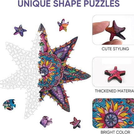 Starfish Wooden Puzzles 200 Pieces, Ocean Puzzles for Adults, Unique Shape Animal Adult Puzzles, Irregular Wooden Best Gift for Adults Family Game (14.3x14.3 in)