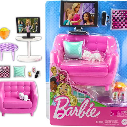 Barbie Indoor Furniture Playset, Living Room Includes Kitten, Furniture and Accessories for Movie and Game Night