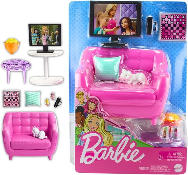 Barbie Indoor Furniture Playset, Living Room Includes Kitten, Furniture and Accessories for Movie and Game Night