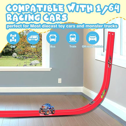 Race Track, Flex Track 12.8 Ft Starter Set, Car Truck Track Compatible with Hot Wheels and Diecast 1/64th Cars, Classic Long Roll Up Race Track with 4 Cars and 12 Suckers, Gifts for Kids Toddlers
