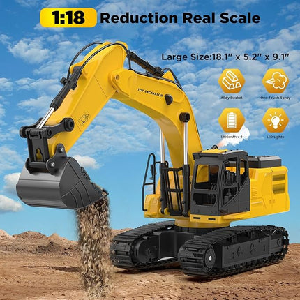 1:18 Remote Control Excavator Construction Toys for Boys, [2025 Upgraded] 2.4GHz RC Excavator Toy with Metal Shovel for Boys 6+ Kids Birthday, Dual Batteries/100+Mins/Spray/Sound/Light/11-Channel