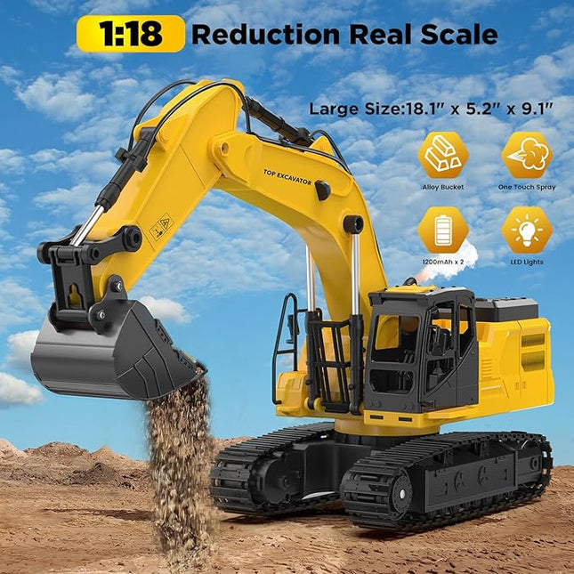 1:18 Remote Control Excavator Construction Toys for Boys, [2025 Upgraded] 2.4GHz RC Excavator Toy with Metal Shovel for Boys 6+ Kids Birthday, Dual Batteries/100+Mins/Spray/Sound/Light/11-Channel