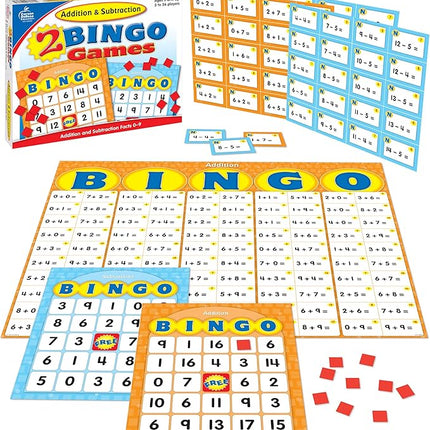 Carson Dellosa Education Addition and Subtraction Bingo Board Games, Adding and Subtracting Math Facts for Kids Ages 5+, Kindergarten Learning Activities, 3-36 Players