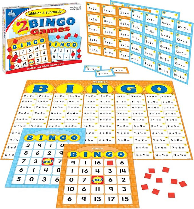 Carson Dellosa Education Addition and Subtraction Bingo Board Games, Adding and Subtracting Math Facts for Kids Ages 5+, Kindergarten Learning Activities, 3-36 Players