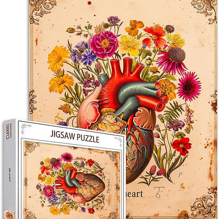 Human Organ Heart Floral Jigsaw Puzzle Vintage Heartbeat 1000 Pieces Puzzles Game Flowers Jigsaw Puzzles for Adults Challenging Family Activity Games Colorful DIY for Home Decor 20 x 27 Inch
