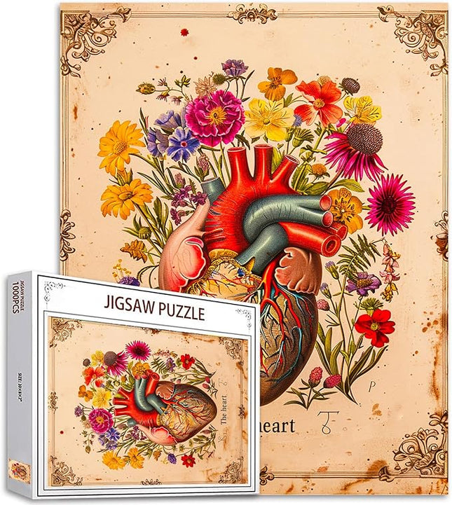 Human Organ Heart Floral Jigsaw Puzzle Vintage Heartbeat 1000 Pieces Puzzles Game Flowers Jigsaw Puzzles for Adults Challenging Family Activity Games Colorful DIY for Home Decor 20 x 27 Inch