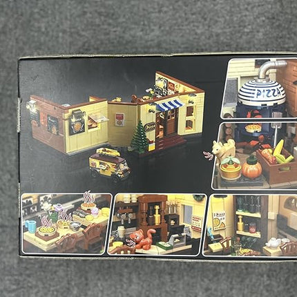 City Street Pizza Restaurant Building Set with Light, 1098PCS Pizzeria House Architecture Model with Retro Pizza Van, Home Decor Construction Building Block Gift for Adults Teens Boys Girls 12+