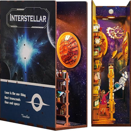 Tonecheer DIY Book Nook Kit for Adults,3D Wooden Puzzle Bookend Bookshelf Insert Library Decor, Booknook Miniature House Kit with Body Motion Sensor LED Light（Interstellar）