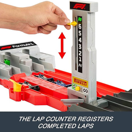 Hot Wheels Toy Car Track Set, Formula 1 Grand Prix Circuit Track Set with 3 1:64 Scale Die-Cast Toy Cars, Two Modes of Racing with a Motorized Booster