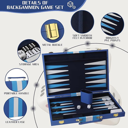 Froggod 15 inch Backgammon Sets for Adults - Classic Board Game for Adults - Portable Travel Backgammon Set for 2 Players - Perfect Adult Board Games for Gifts & Family Fun(Vivid Blue)