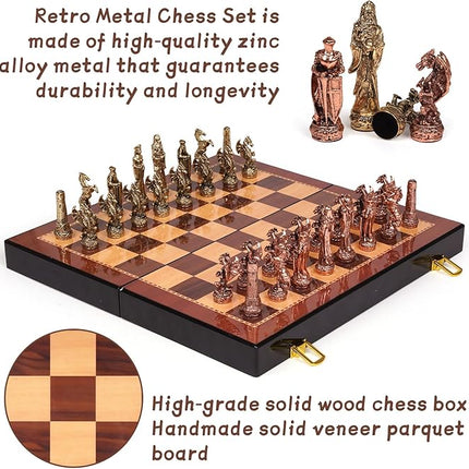 Vintage Figurine Chess Set for Adults and Kids - Wooden Board With Metal Pieces - Travel Chess Set - Collectible Elegant Game - Family Vintage Board Game