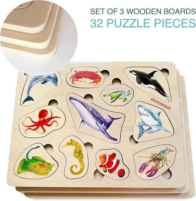 QUOKKA Wooden Puzzles for Toddlers 1-3 – 3xSET Toddler Puzzles Ages 2-4 – Montessori Animal Toy Puzzle for Toddlers 3-5 Year Old – Wood Toy Learning Realistic Animals for Boy and Girl