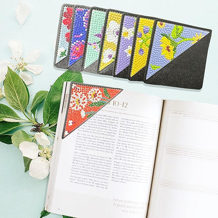 8 Pcs Diamond Art Painting Bookmarks Kit for Adult, DIY Diamond Paint Corner Book Makers Set, Small Dimond Art Kits, Valentines Day Crafts Kit Gifts for Women Flower Black with Ergonomic Diamond Pen
