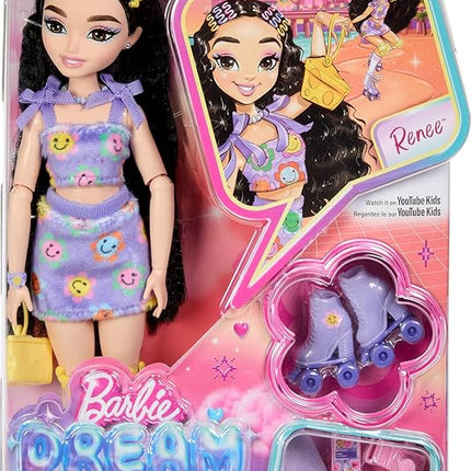 Barbie Dream Besties Doll and Accessories, Renee Posable Roller Skating Fashion Doll with Black Hair, 12 Video & Food Themed Pieces