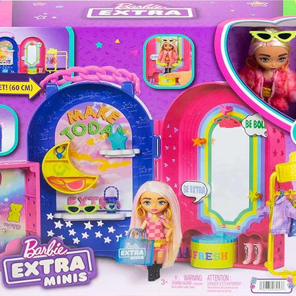 Barbie Extra Minis Doll & Fashion Playset with 15+ Pieces, Boutique with Small Doll, Clothes & Accessories Including Gummy Bear Keychain