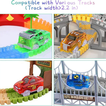 Track Cars Magic Toy Gifts 4 Pack Replacement Track Cars for 3 4 5 6 7 8 Years Old Kids Boys Girls Toy Track Cars with 5 LED Lights Glow in The Dark Compatible with Most Tracks