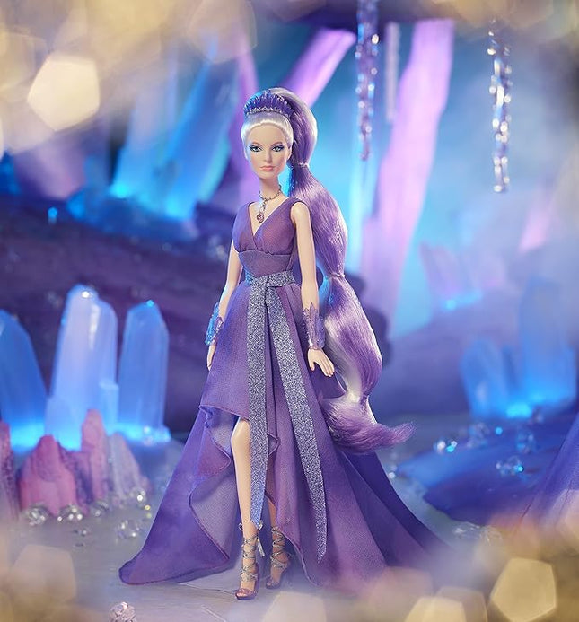 Barbie Crystal Fantasy Collection Amethyst Doll (13-in, Platinum Hair) with Genuine Amethyst Stone Necklace, Wearing Gown and Accessories, Gift for Collectors