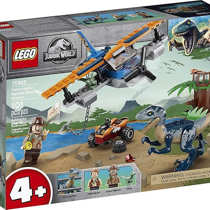 LEGO Jurassic World Velociraptor: Biplane Rescue Mission 75942, Dinosaur Toy for Preschool Kids, Featuring a Buildable Plane Toy, Posable Velociraptor, and Baby Raptor Delta (101 Pieces)