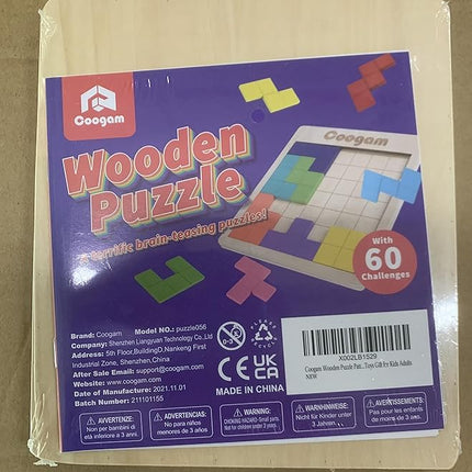 Coogam Wooden Puzzle Pattern Blocks Brain Teasers Game with 60 Challenges, 3D Russian Building Toy Wood Tangram Shape Jigsaw Puzzles Montessori STEM Educational Toys Gift for Kids Adults