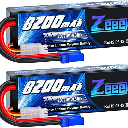 Zeee 2S Lipo Battery 8200mAh 7.4V 120C Hard Case RC Car Battery with EC5 Plug for 1/8 1/10 RC Vehicles RC Car Truck Truggy RC Boat Helicopter Racing Models(2 Pack)