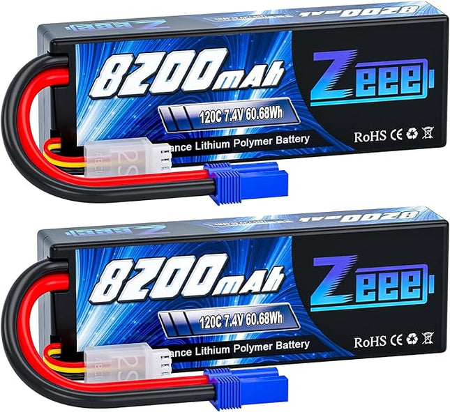 Zeee 2S Lipo Battery 8200mAh 7.4V 120C Hard Case RC Car Battery with EC5 Plug for 1/8 1/10 RC Vehicles RC Car Truck Truggy RC Boat Helicopter Racing Models(2 Pack)