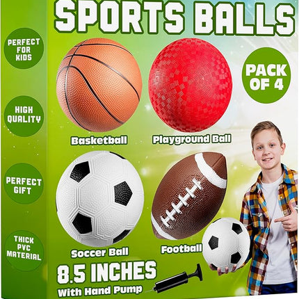 8.5” Sports Balls for Kids & Toddlers - (Pack of 4) Rubber Inflatable Multi-Sport Ball Set - Football, Soccer Ball, Basketball, Playground Ball & Pump - Birthday Gift Toys for Boys & Girls
