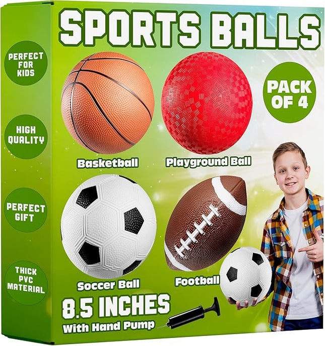 8.5” Sports Balls for Kids & Toddlers - (Pack of 4) Rubber Inflatable Multi-Sport Ball Set - Football, Soccer Ball, Basketball, Playground Ball & Pump - Birthday Gift Toys for Boys & Girls