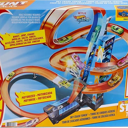 Hot Wheels Sky Crash Tower Track Set, 2.5+ ft / 83 cm High with Motorized Booster, Orange Track & 1 Hot Wheels Vehicle, Race Multiple Cars, Gift for Kids 5 to 10 Years Old & Up