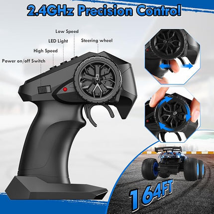 Remote Control Car, 1:18 Scale Rc Cars, All-Terrain RC Truck with LED Light, 20KM/H, Rechargeable, 2WD, 2.4GHz, Sturdy PVC Shell, Remote Control Truck for Boys 4-7 8-12, Beginner