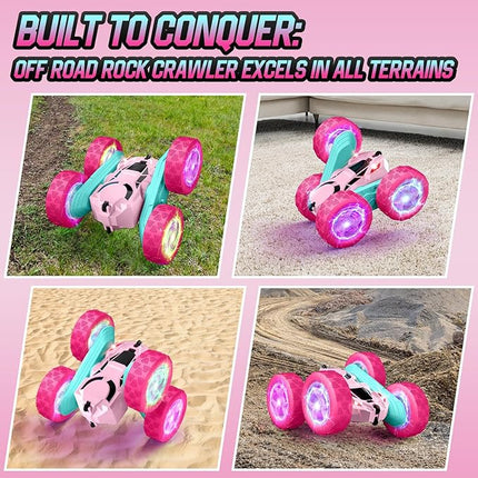 Pink Remote Control Car for Girls,Double Sided 360°Flip, with Headlights, Girl Princess Toys Rechargeable Toy Car for 6-7 6-8 9 10-12 Year Old Girls Birthday