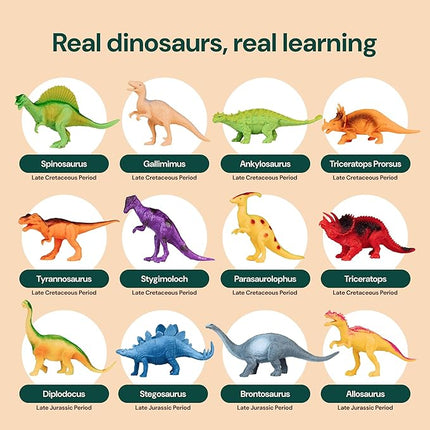 PLAYVIBE Dinosaur Toys - 12 Realistic 7-Inch Models, Multi-Color, Metal Storage Box - Dinosaur Figures & Action Figures for Kids Ages 3-7