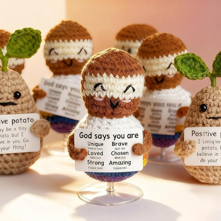 Mini Funny Knitted Wool Potato Toy with Positive Card - Creative Cute Crochet Doll Cheer Up Gift for Friends, Parties, Christmas Decoration and Encouragement