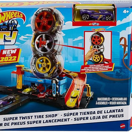 Hot Wheels City Super Twist Tire Shop Playset, Spin The Key to Make Cars Travel Through The Tires, Includes 1 Car, Gift for Kids 4 to 8 Years Old (Amazon Exclusive)