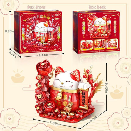 Lucky Cat Building Block Set, Compatible with Lego Cat, 868Pcs Cute Fortune Cat with Flowers Building Blocks, Christmas Birthday Creative Gift for Girls Boys Adult (Red Cat)